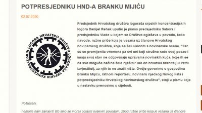Društvo logoraša srpskih koncentracijskih logora zgroženo odnosom uprave Novog lista prema Branku Mijiću