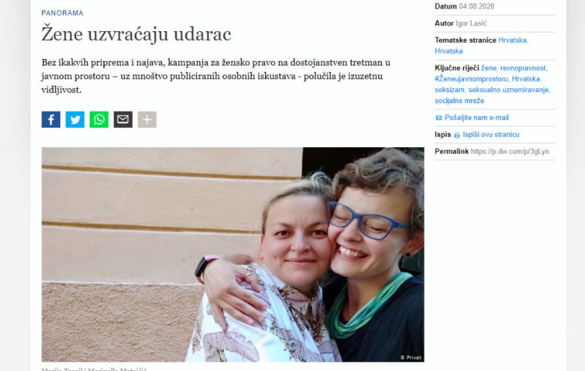 Deutsche Welle se raspisao o kampanji #ženeujavnomprostoru koju su pokrenule Riječanke Marinella Matejčić i Marija Trcol